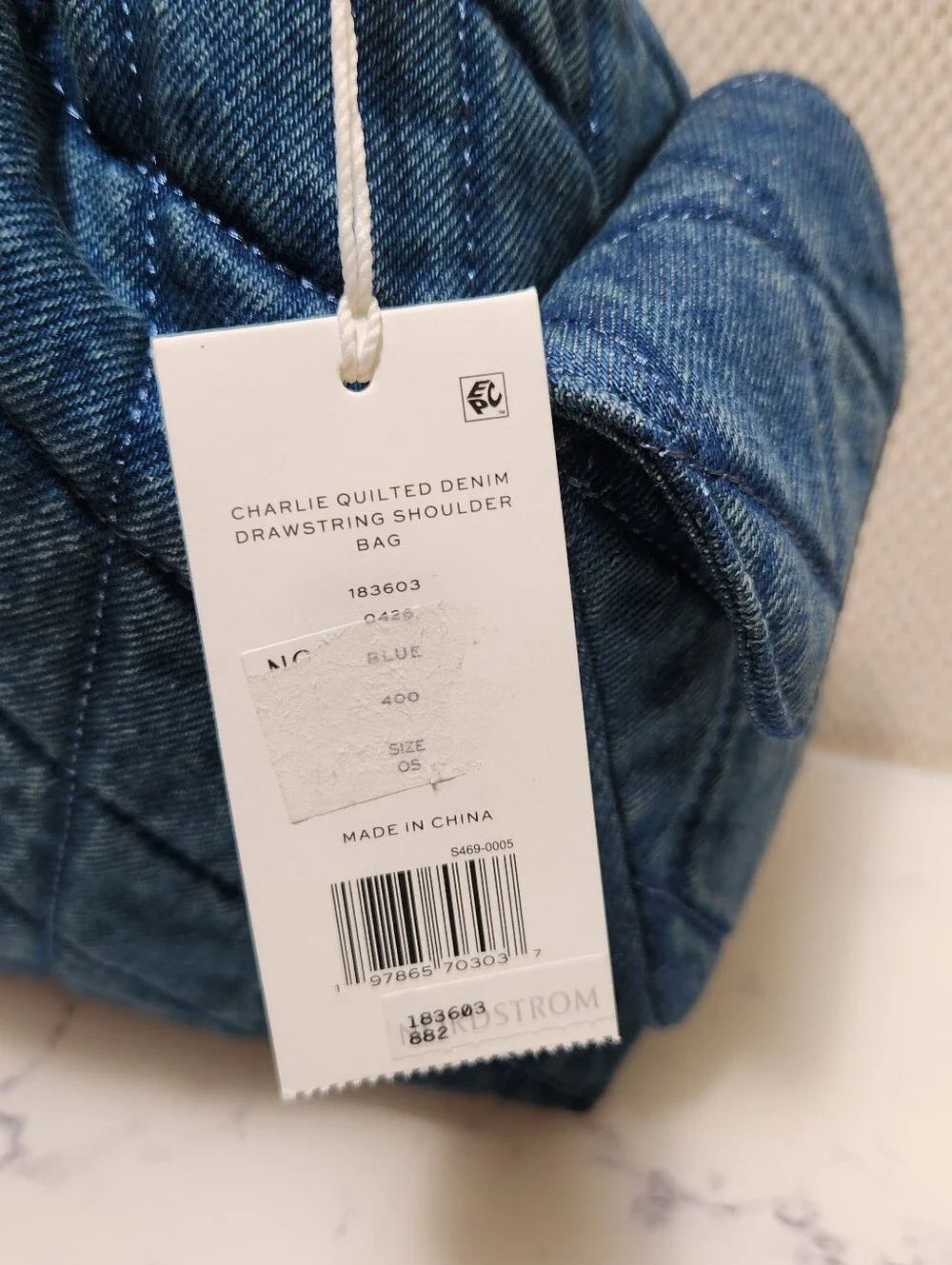 Tory Burch Charlie Quilted Denim Drawstring Shoulder Bag
